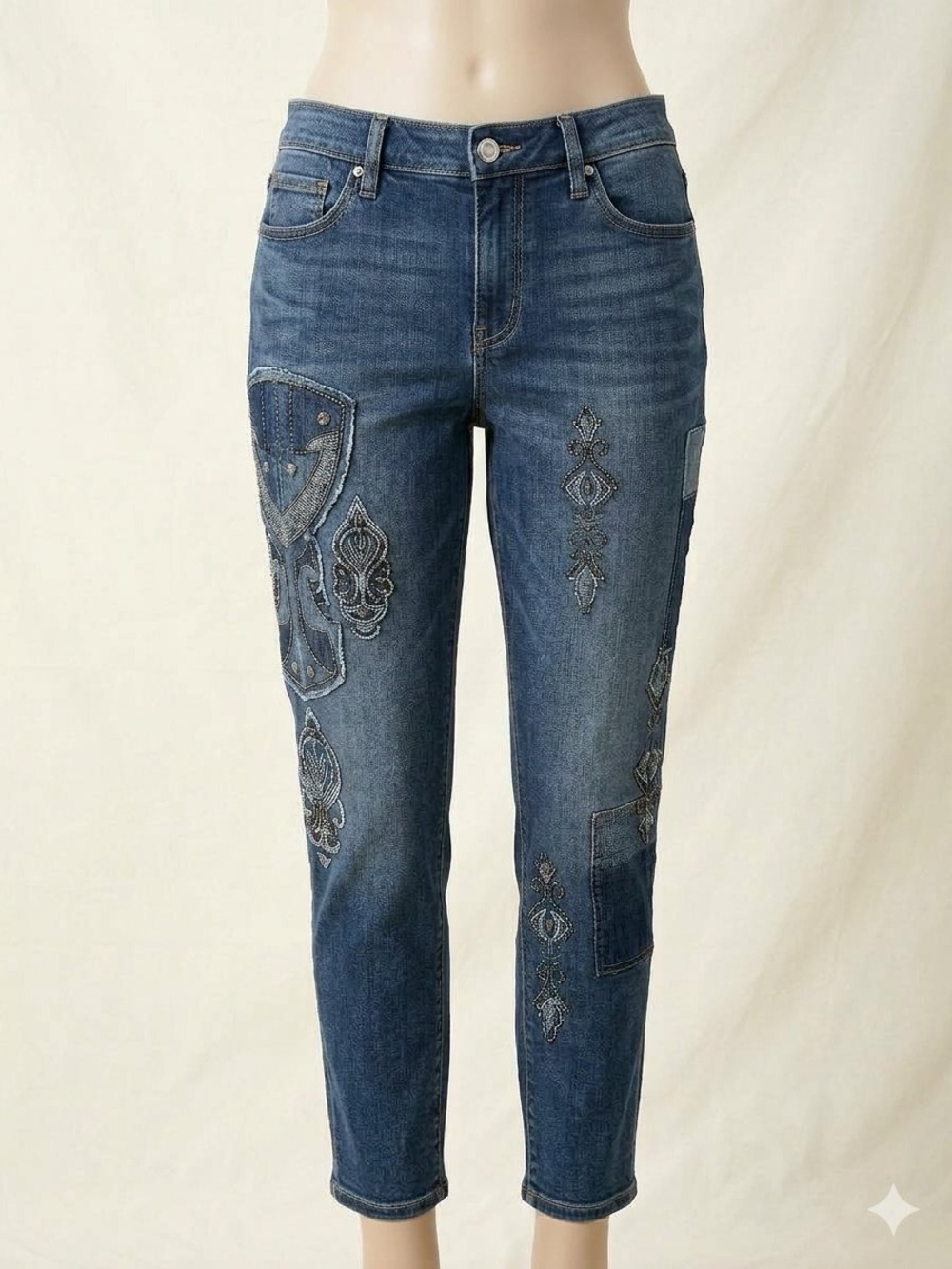 Chicos Mixed Media So Slimming Girlfriend Ankle Jeans Size Beaded Size 14 (2.5)